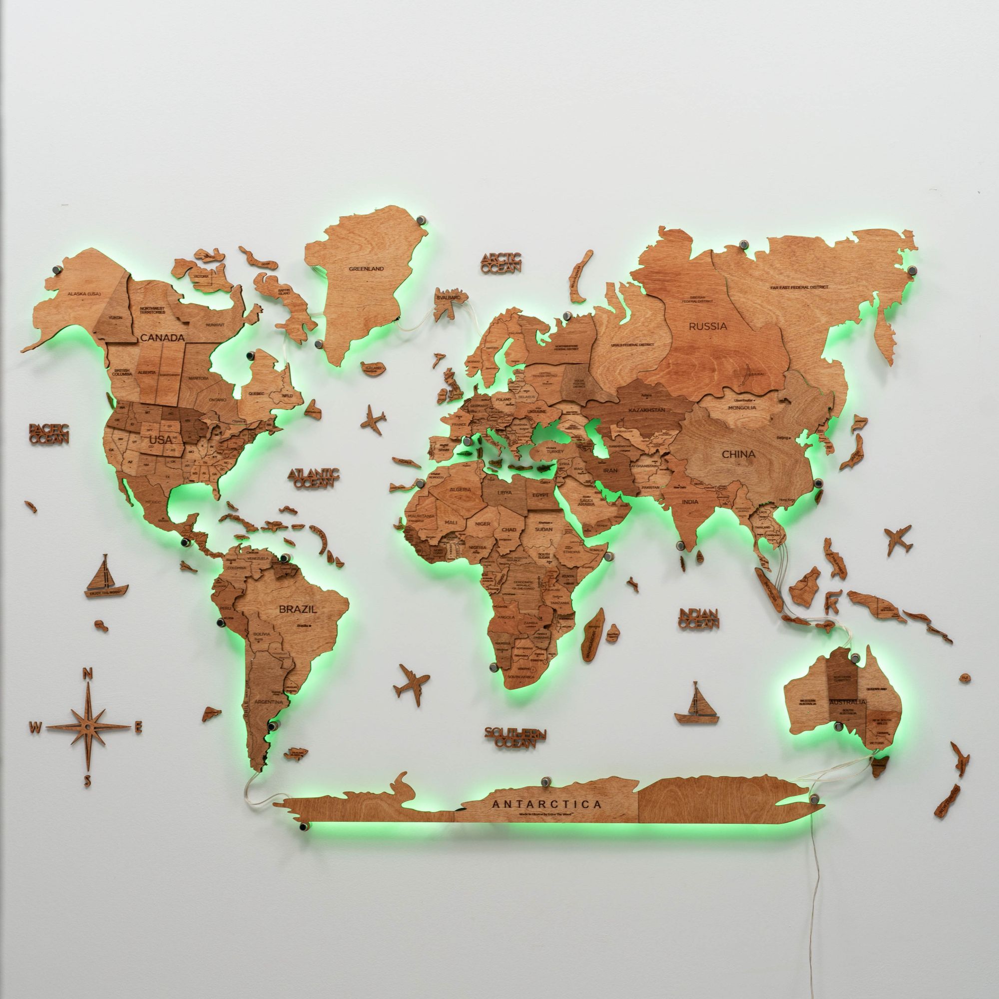 Mappa del Mondo 3D in Legno con Luce LED 3.0 Rovere