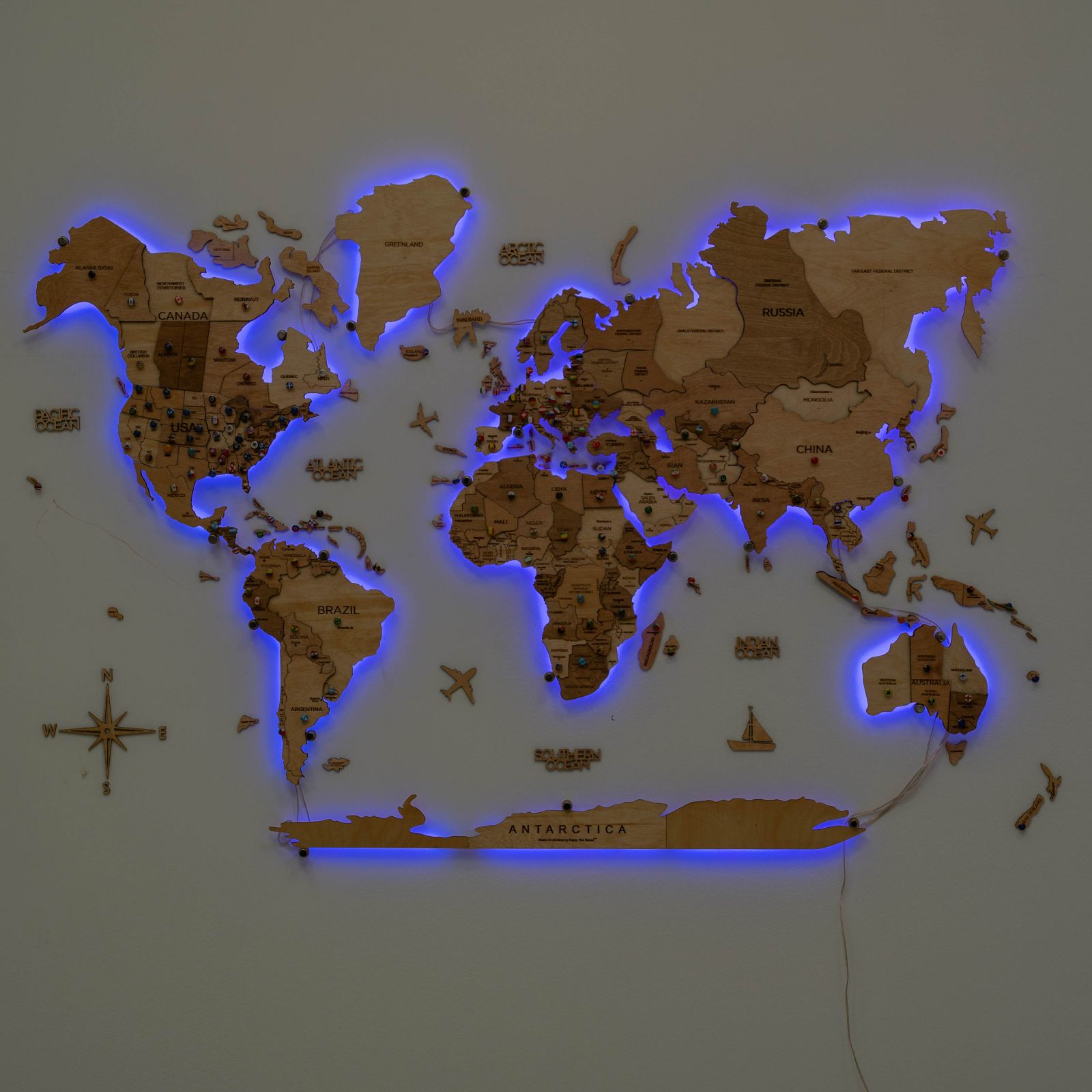 Mappa del Mondo 3D in Legno con Luce LED 3.0 Chiaro