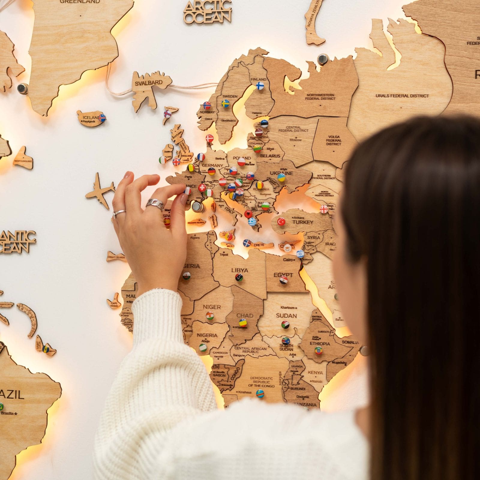 Mappa del Mondo 3D in Legno con Luce LED 3.0 Chiaro