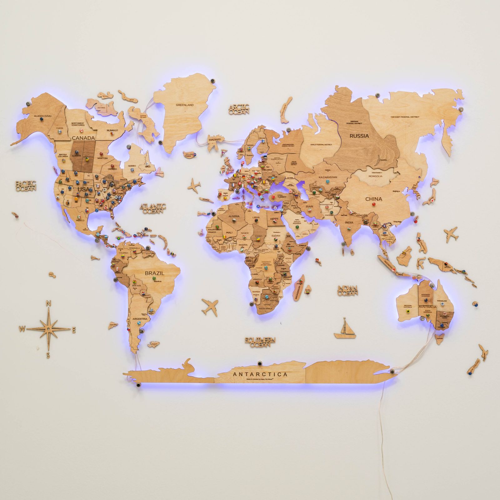 Mappa del Mondo 3D in Legno con Luce LED 3.0 Chiaro