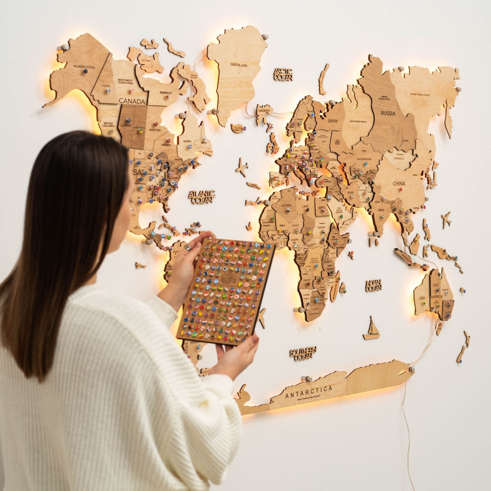 Mappa del Mondo 3D in Legno con Luce LED 3.0 Chiaro