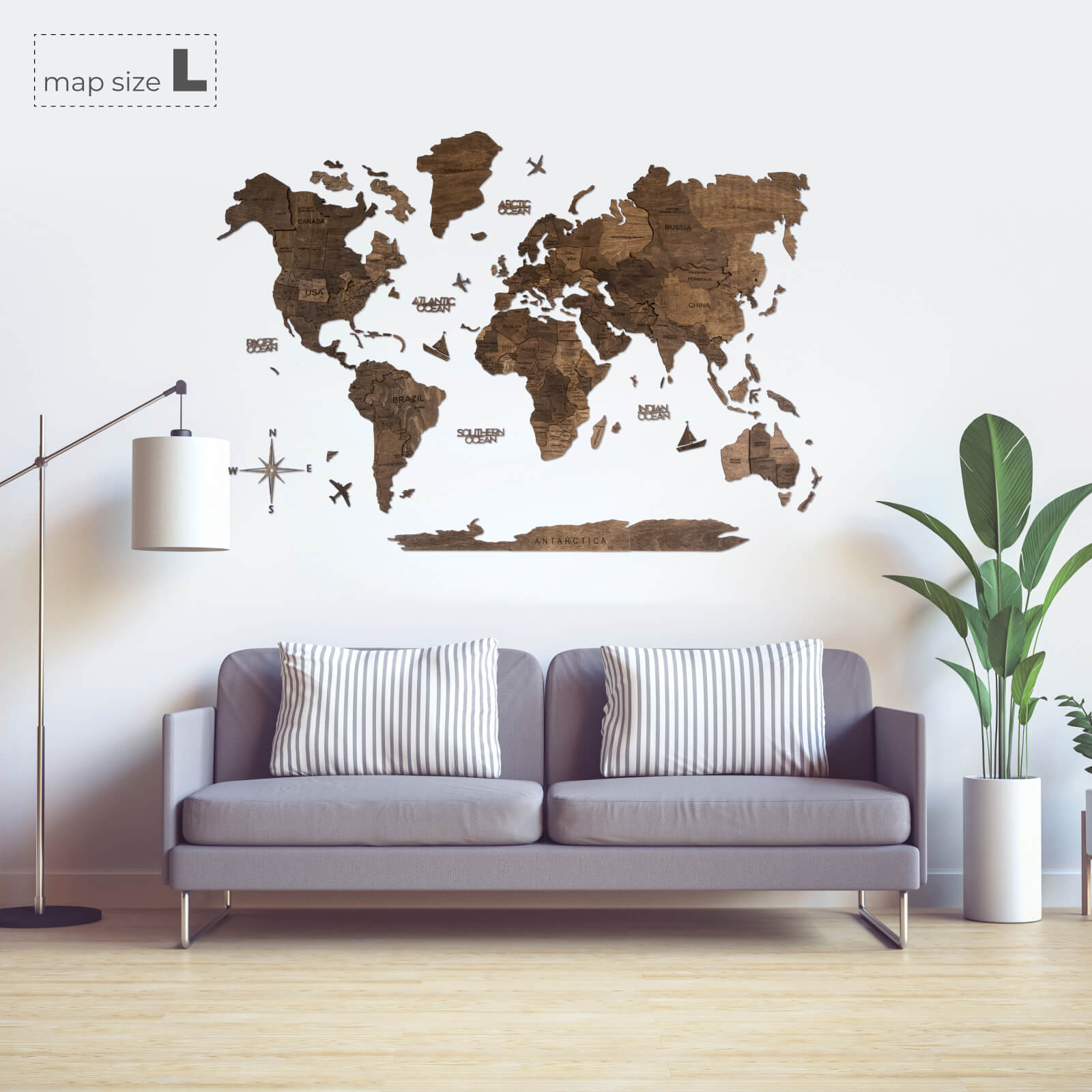 Mappa del Mondo 3D in Legno Noce Scuro