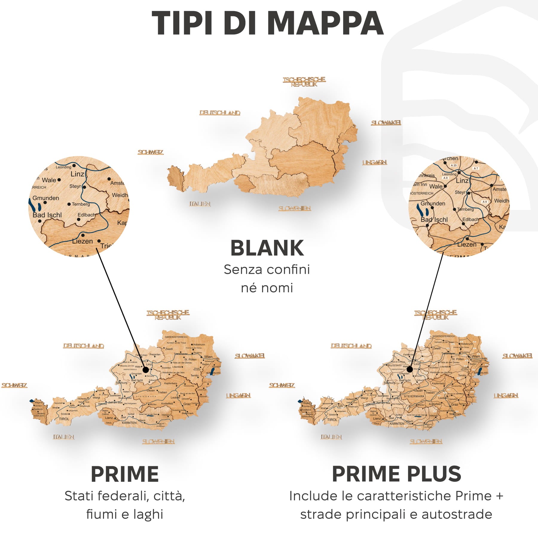 Mappa dell'Austria in legno Gold