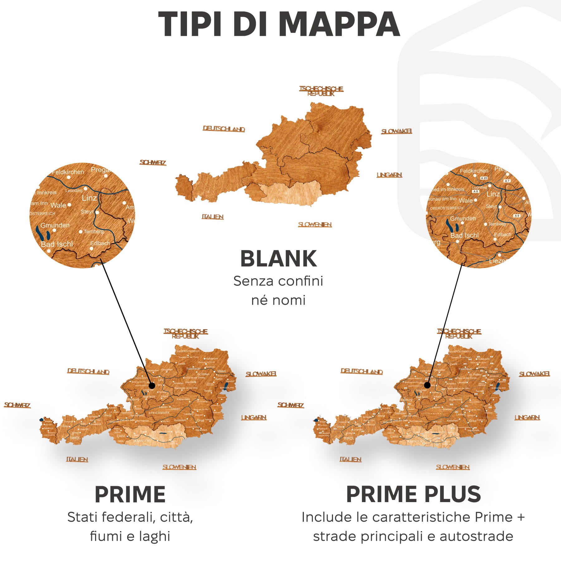 Mappa dell'Austria in legno Oak