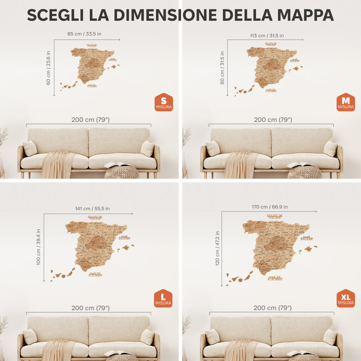 Mappa della Spagna in legno Gold