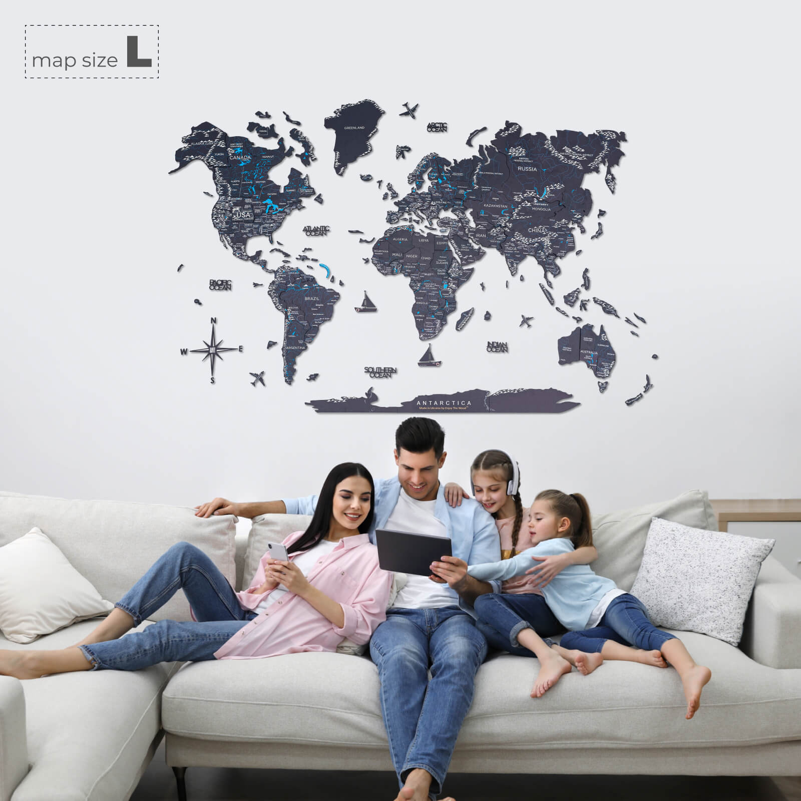 Mappa del Mondo 3D in Legno Midnight