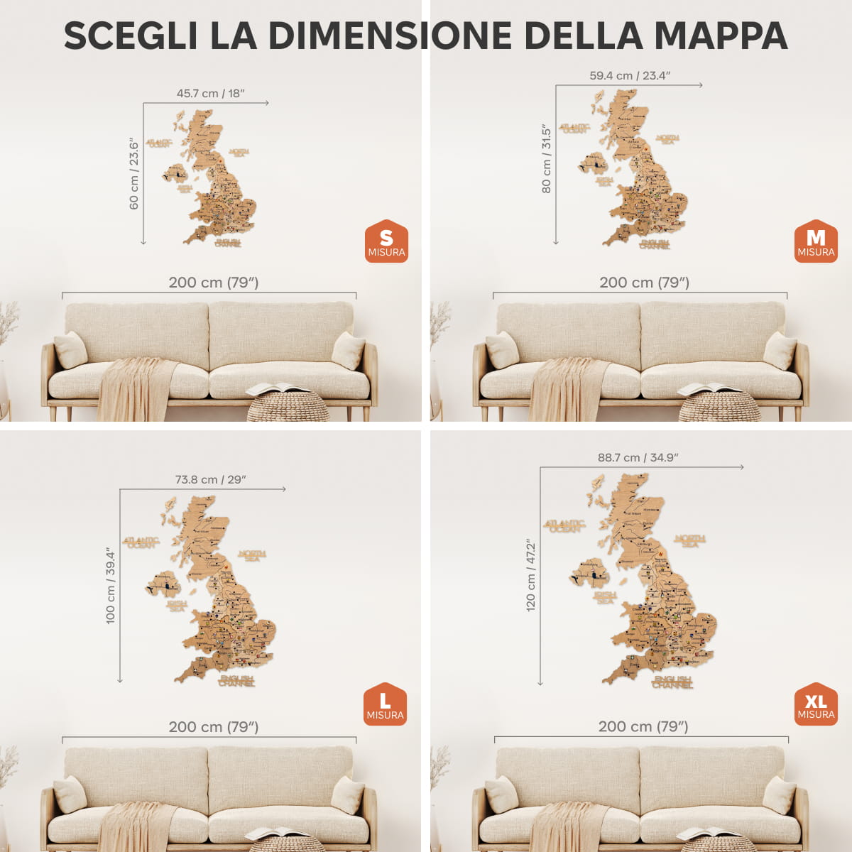 Mappa 3D del Regno Unito in legno Gold
