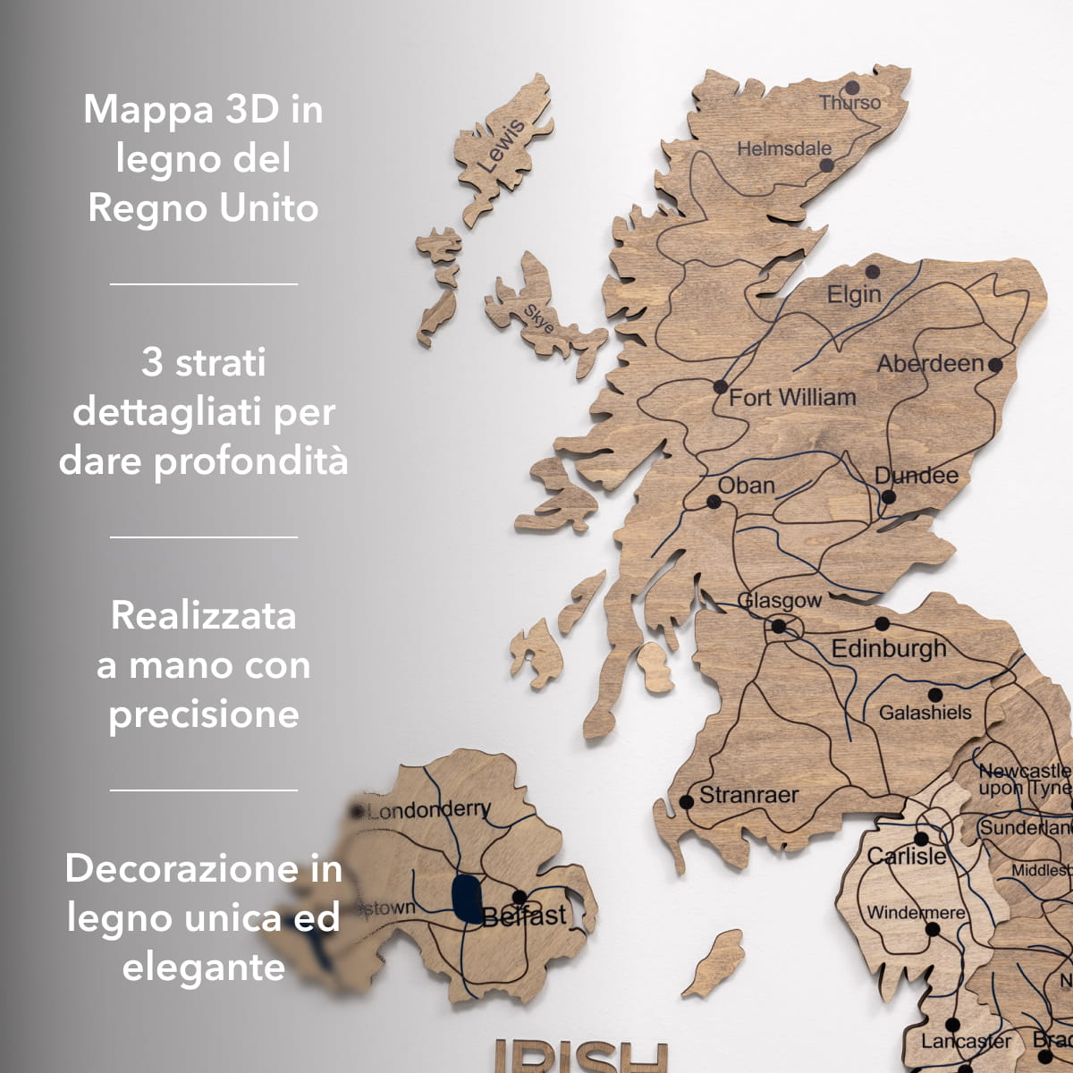 Mappa 3D del Regno Unito in legno Terra