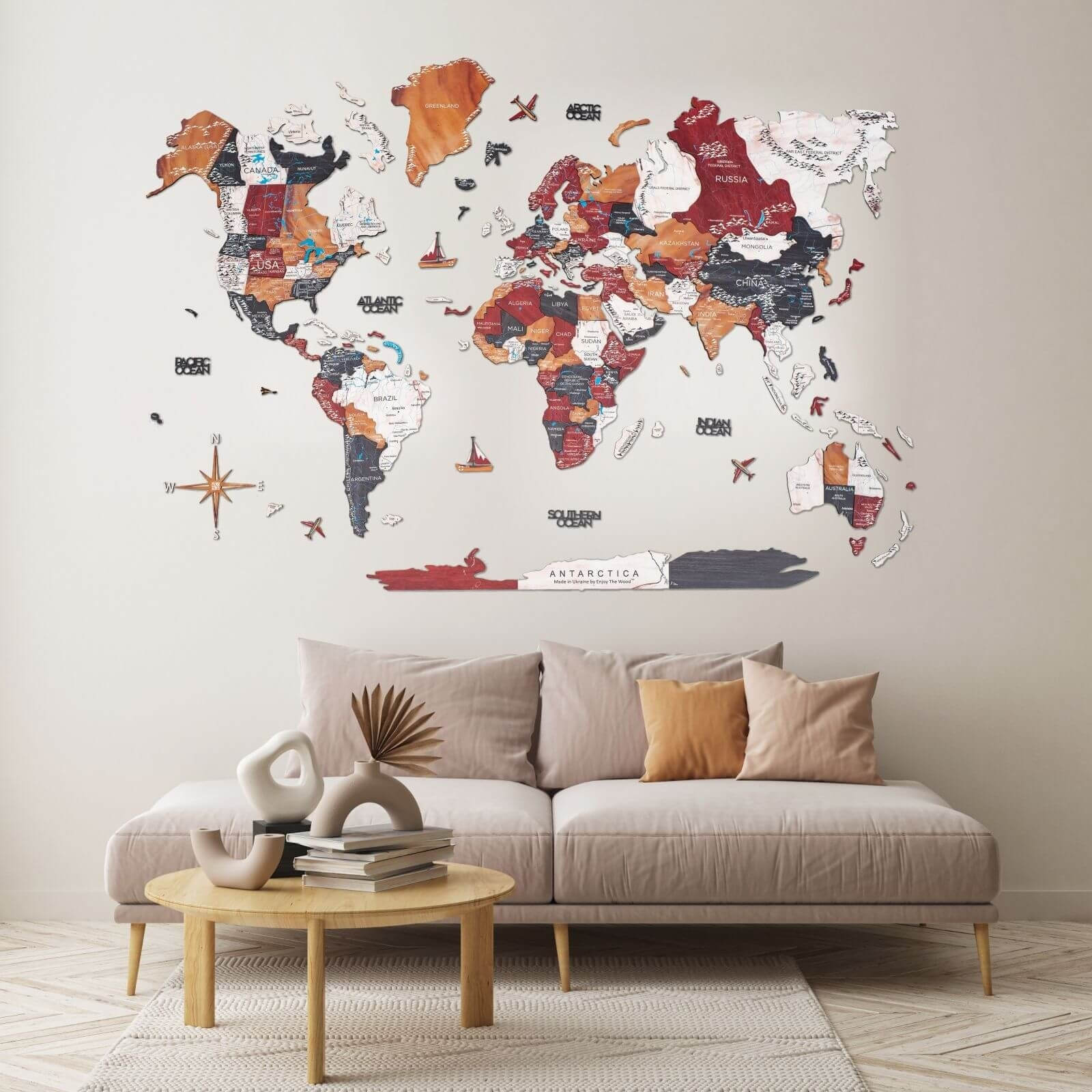 Mappa del mondo 3D in legno colore Onice su parete