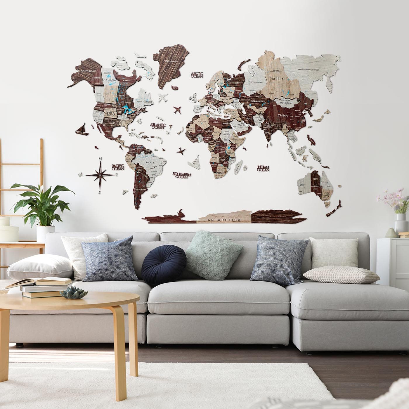 Mappa del mondo 3D in legno Cappuccino decorazione da parete