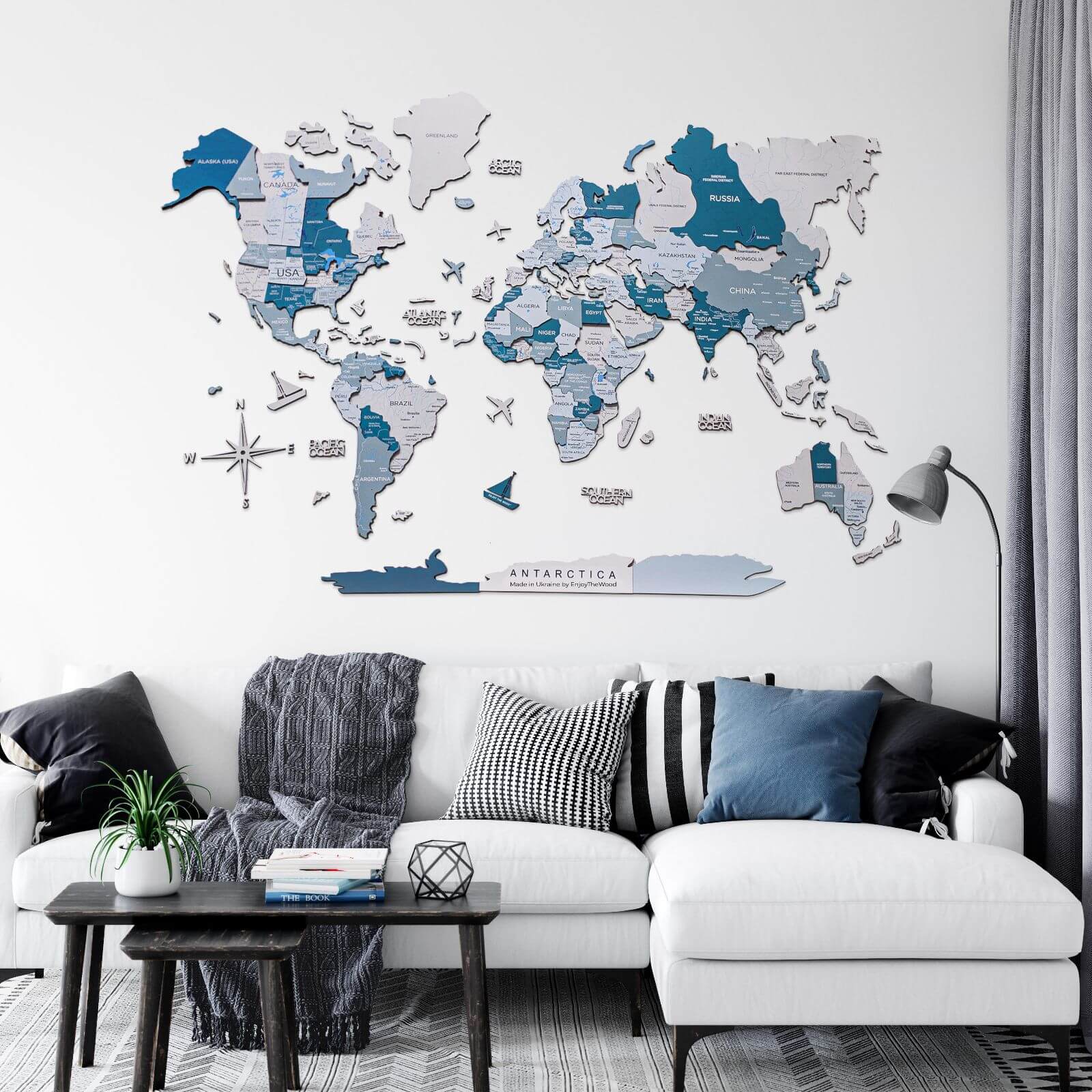 Mappa del mondo 3D in legno Aqua in soggiorno moderno