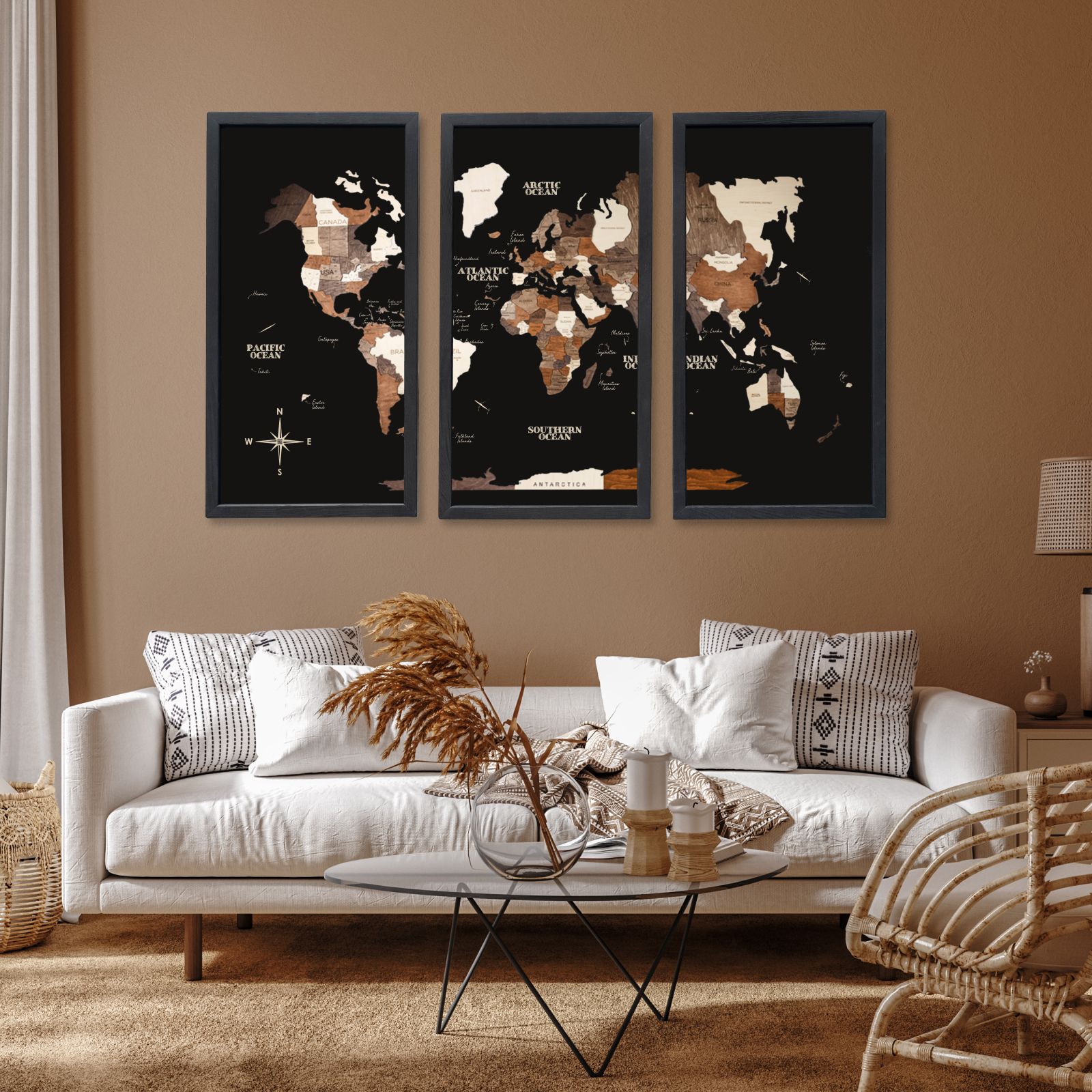 3D Multicolored Wooden World Map – Wall Triptych