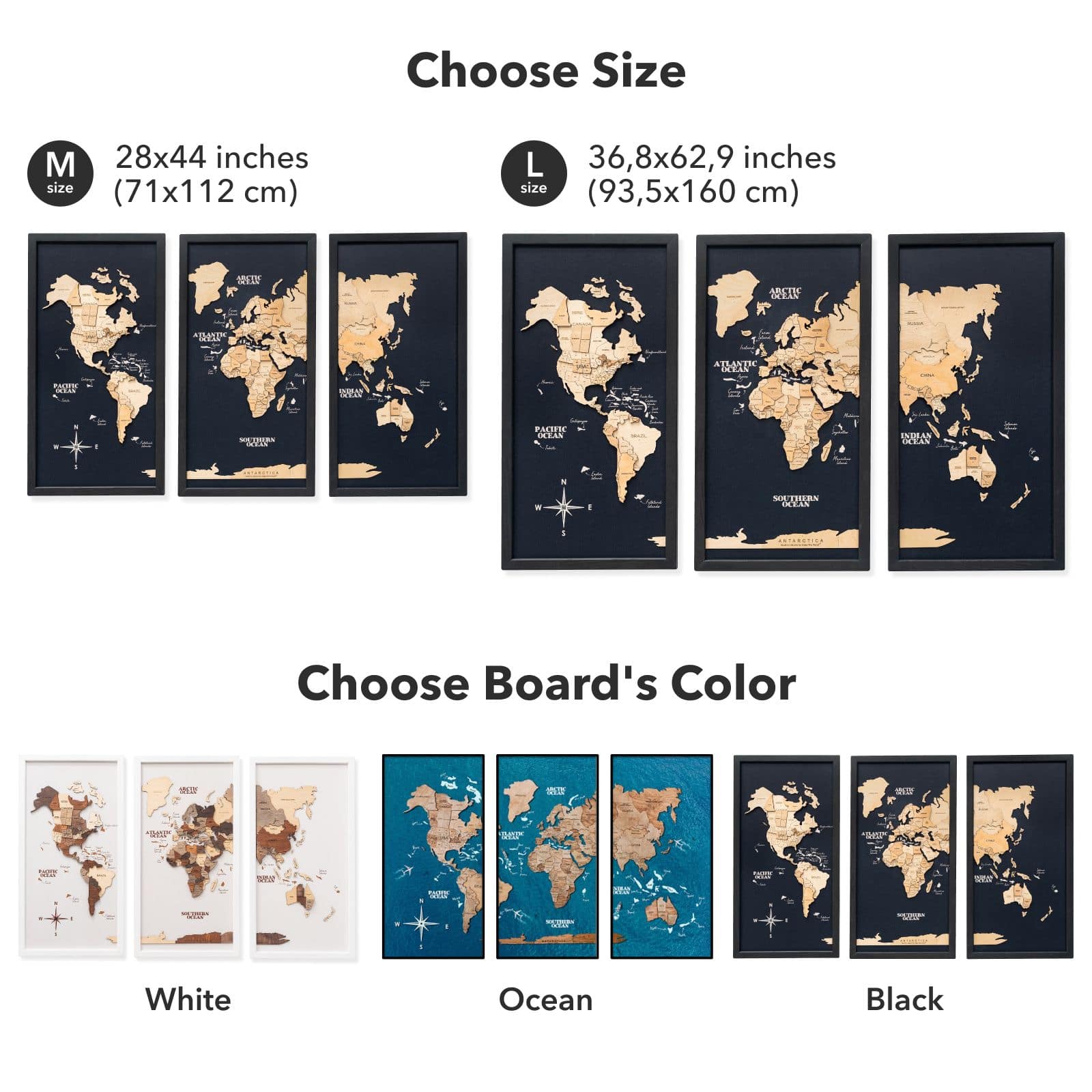 3D Multicolored Wooden World Map – Wall Triptych