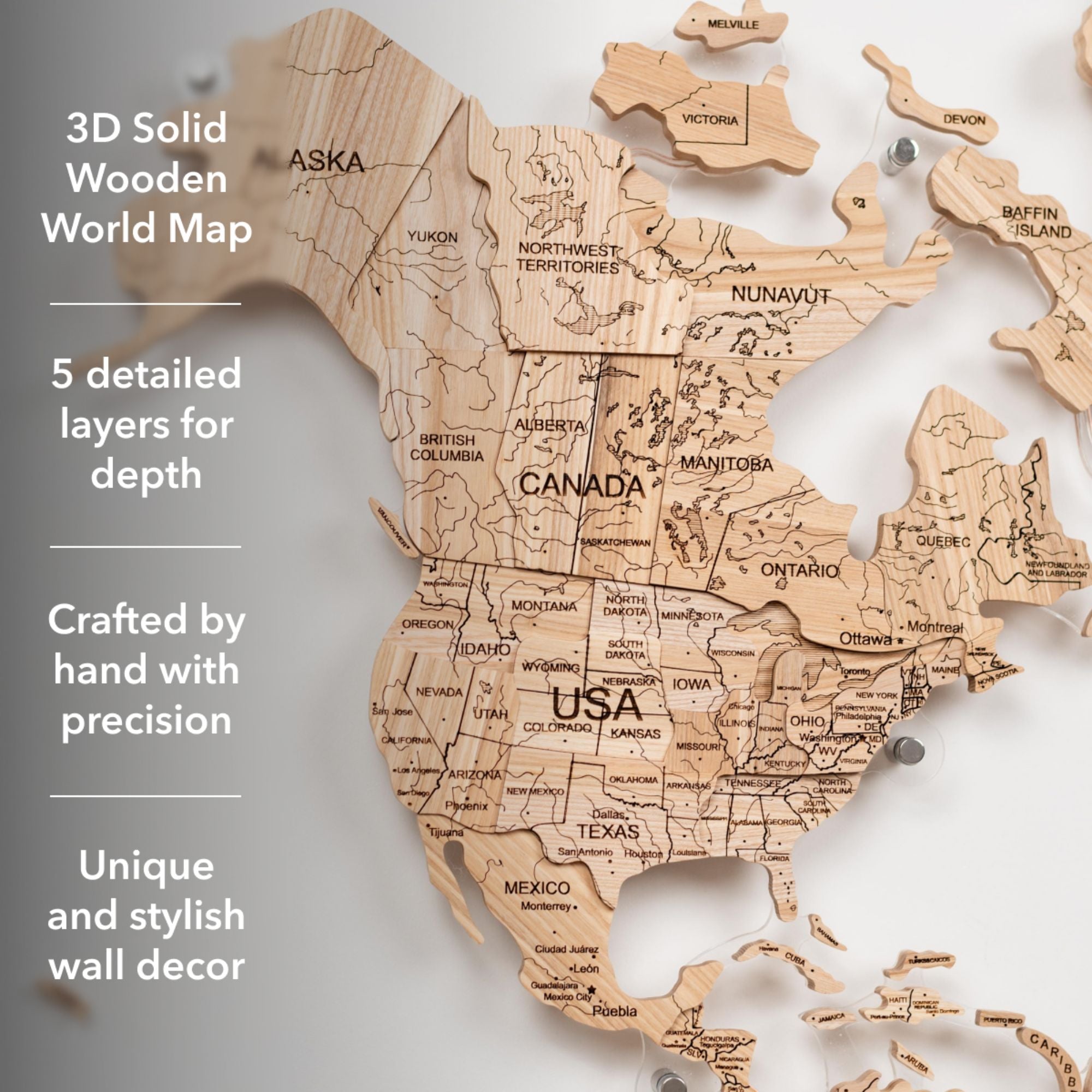 Mappa del Mondo 3D in Legno Massello – Frassino