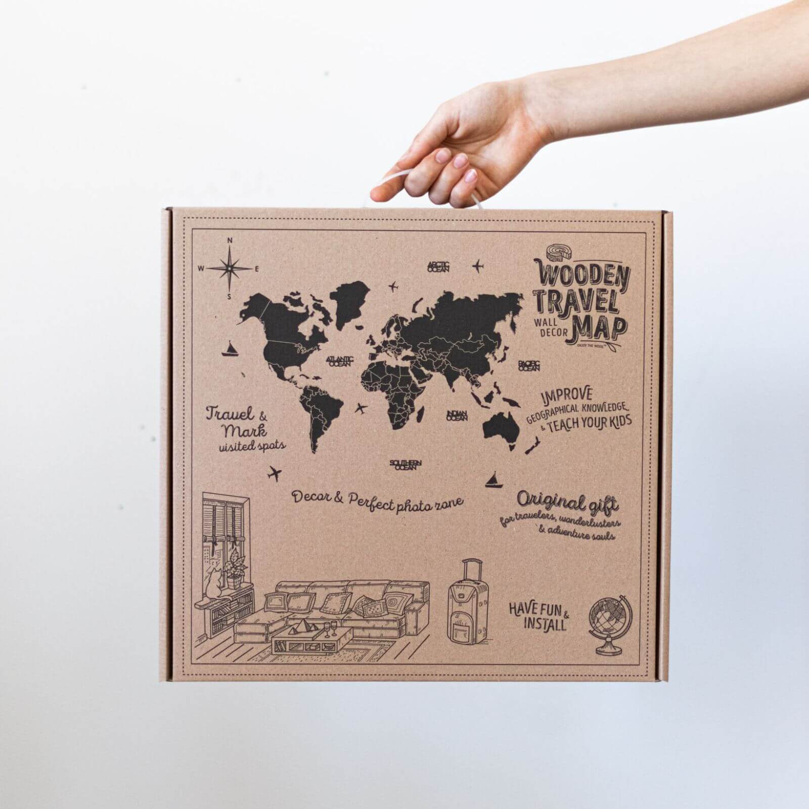 Mappa del mondo 3D in legno Nordik design scandinavo
